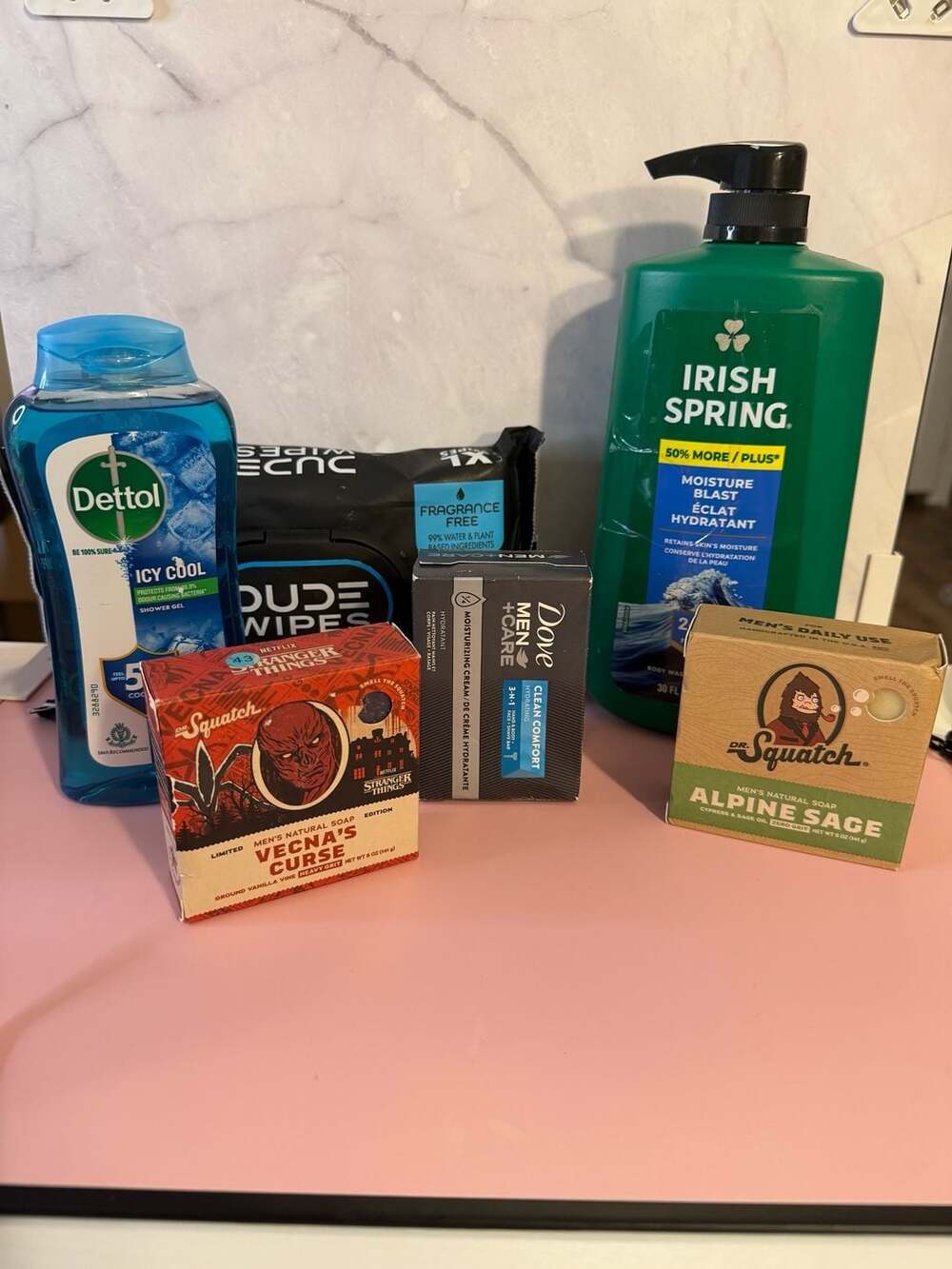 Mixed Men's Personal Care Bundle: Dr. Squatch, Irish Spring, Dettol, Dove, Dude